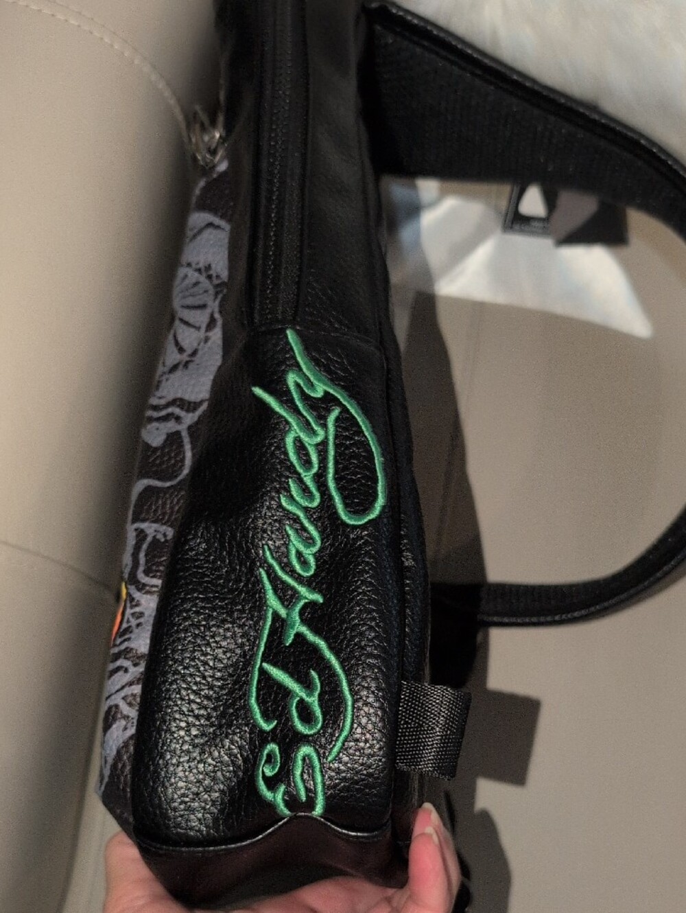 Ed Hardy Black Graphic Sling Bag with Multicolor Skull Print NWT - Picture 7 of 11